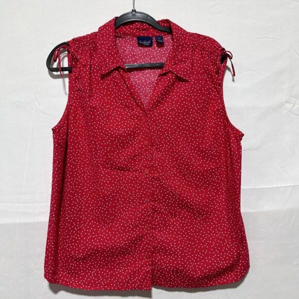 Gloria Vanderbilt Women's Blouse Collared Cinched Shoulder Polka Dots Top Red XL